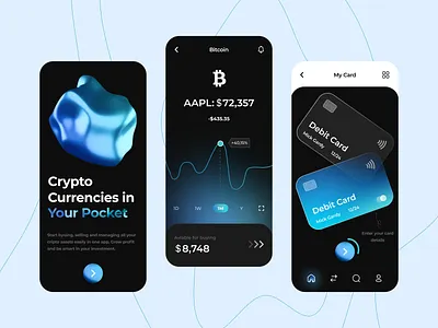 Crypto Finance App 3d graphics bitcoin blockchain credit card crypto app crypto finance crypto wallet cryptocurrency dark mode decentralized exchange defi dex finance app gradient manage crypto assets mobile application nft online finance app pooling ui ux app