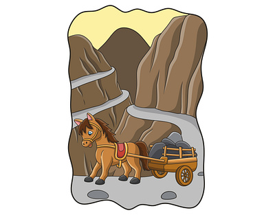 Cartoon illustration a horse carrying a cart filled with stones expression
