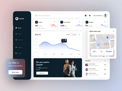 Lionel - Fitness Dashboard app body bodyfat card cardio coach dashboard design dumbell fat fitness gym heaartrate health heart rate ui ui design ux ux design