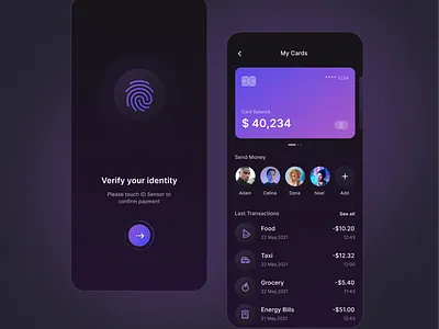 Bank app dailyui dark mode design figma gradient mobile app transactions