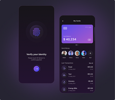 Bank app dailyui dark mode design figma gradient mobile app transactions