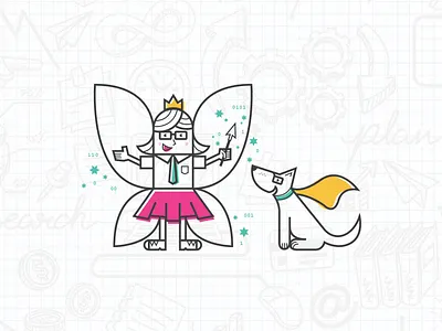 Marketing Efficiency Consultants | Nerd Fairy & WYSIWYG Dog binary brand branding consultant digital dog fairy fairy dust fairy god mother illustration line art logo marketing marketing agency nerd pink princess sidekick sparkle super hero