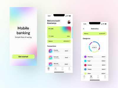Mobile bank app bank banking card credit card crypto design app gradient green mobile mobile app money statistic wallet