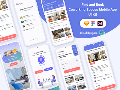 Find and Booking Coworking Spaces Mobile App UI Kit app book booking concept design find landing new product space work working