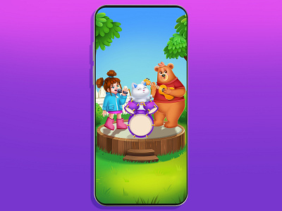 Garden bear cat character garden girl illustration kids kindergarten tree