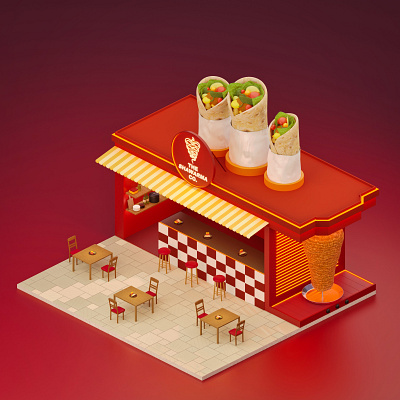 Shawarma store - Isometric illustration 3d 3d art blender design food illustration isometric art low poly red restaurant shawarma store vegetable