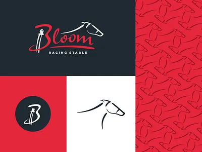 Bloom Racing Stable | Logo & Brand Visual Identity black brand branding corporate design hand drawn hand lettering horse horse racing icon illustration logo logo design movement pattern race track red stable swift thoroughbred