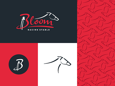 Bloom Racing Stable | Branding & Logo black brand branding hand drawn hand lettering horse horse racing icon illustration logo logo design movement pattern race track red stable swift thoroughbred