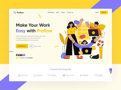 Proflow Landing Header app collaboration creative design figma header hero area hero image illustration landing page logo minimal organize tool trendy ui ux web web design website