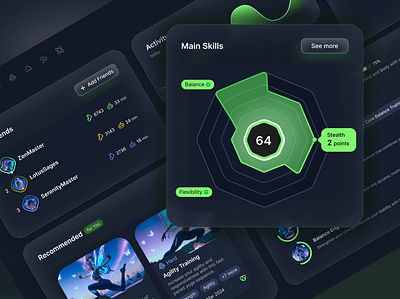 Dashboard skill stats activity ai cards darkmode dashboard figma friends glassmorphism glow hexagonal list loader neon pie recoord skills spider stats status ui