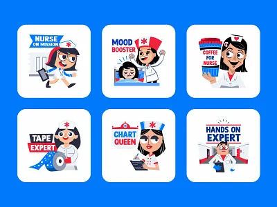 Nurse Stickers Set character character design clinic doctor graphics healthcare hospital illustrator medical medicine nurse nurse character nurse stickers nurses day nursing care patient stickers surgery typography vector