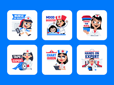 Nurse Stickers Set character character design clinic doctor graphics healthcare hospital illustrator medical medicine nurse nurse character nurse stickers nurses day nursing care patient stickers surgery typography vector