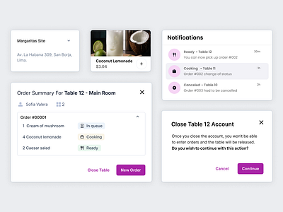 Restaurant Management Software - Cards cards item location modal notifications orders product design progress restaurant ui web