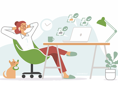 Find Help Illustration desk dog easy illustration illustrator laptop lifestyle magnifying glass modern office professional profile relax simple social media talent vector woman work from home