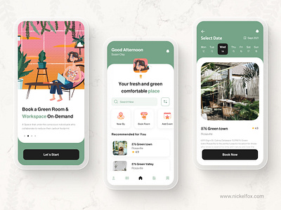 Green Co-Working Space Mobile UI Screen clean co working color coworking creative design graphic design green il illustration minimal mobile ofiice space plants screens space ui ux vector working space
