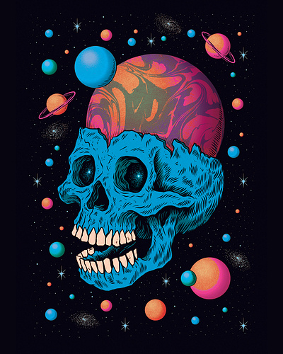 Space art cosmic design drawing illustration planets print skull skulls space