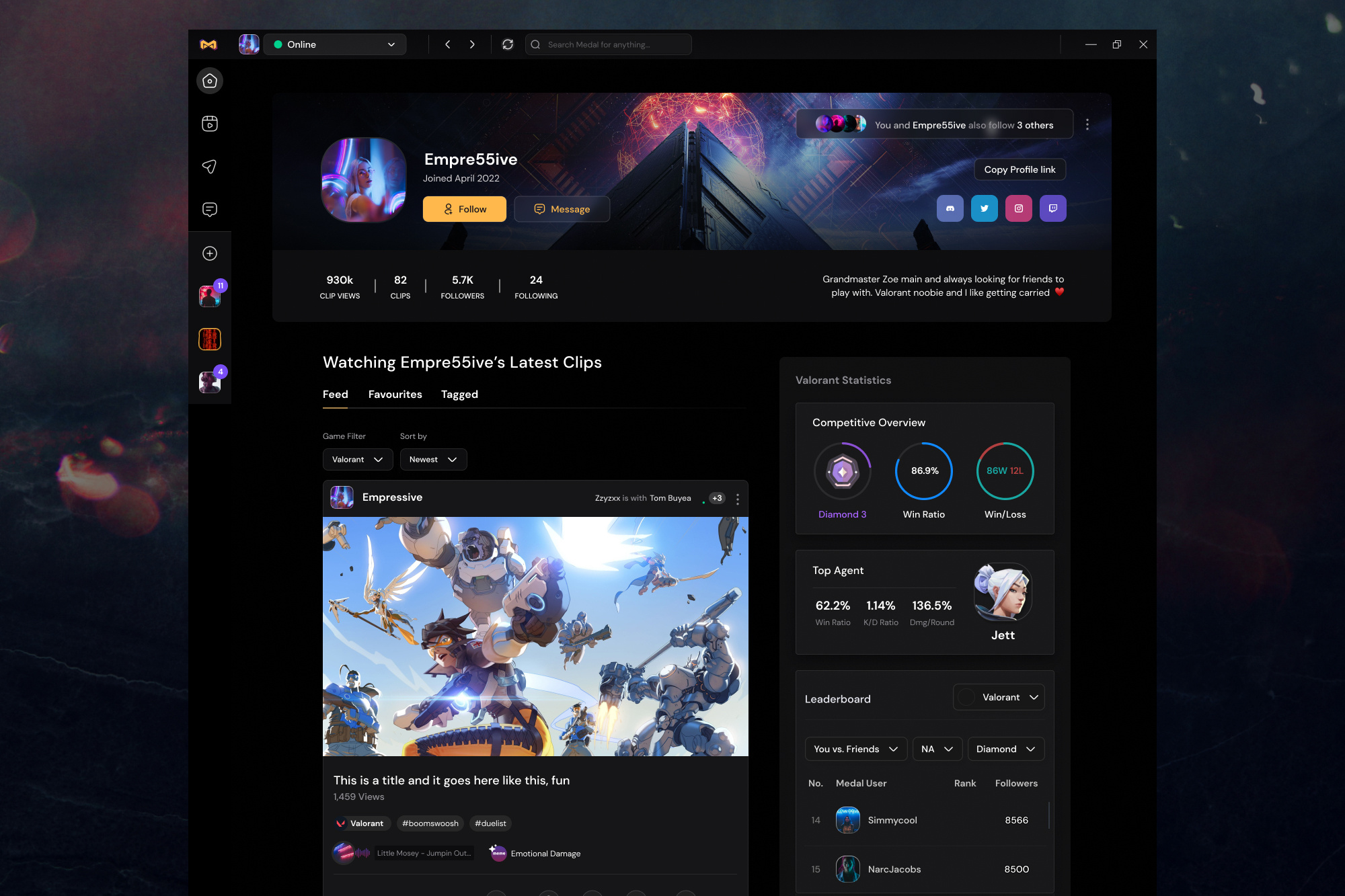 Example of The all new Medal.tv profile page