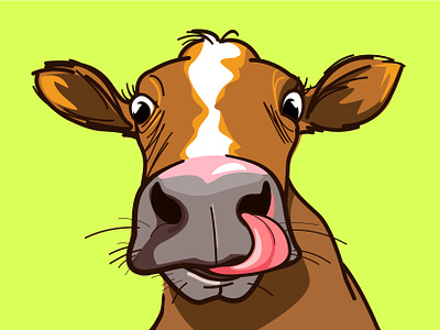 Curiosity broun bull cattle character cow curiosity eyes face farm graphic green illustration logo tongue ui vector