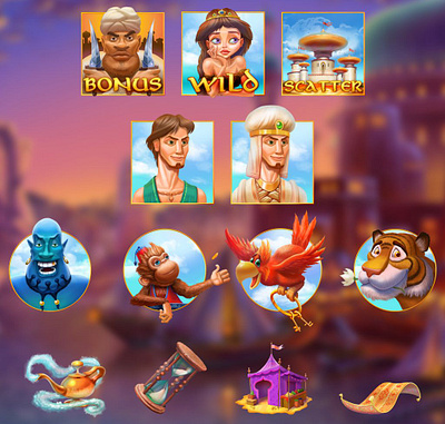 Slot Symbols Set for Aladdin themed game aladdin game aladdin slot aladdin symbols digital art gambling game art game design game designer graphic design illustration set of symbols slot art slot design slot game art slot game design slot symbols symbols art symbols design