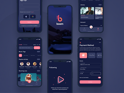 Dark mode UI for mobile music streaming app boom app branding dark mode design guidelines ios mobile music night mode social streaming ui user interface ux