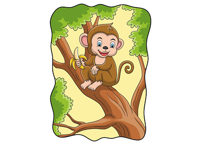 Cartoon illustration monkey eating banana on the tree baby