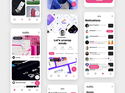 Dribbble App app app ui case study clean dribbble dribbble app ios minimal mobile mobile app onboarding profile project redesign social media ui uidesign