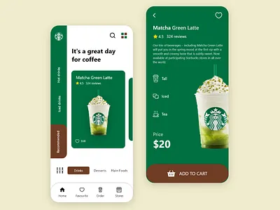 Starbucks Coffee Mobile App Design branding coffee coffee app design dailyui design ecommerce app design green theme interface design starbucks starbucks ui design ui uiux ux