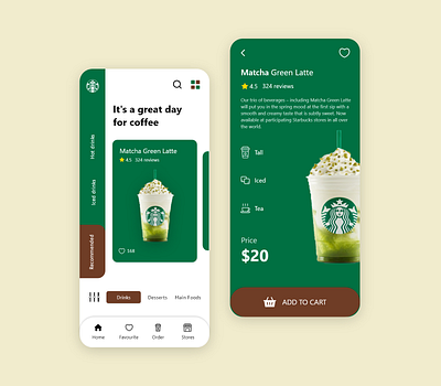 Starbucks Coffee Mobile App Design branding coffee coffee app design dailyui design ecommerce app design green theme interface design starbucks starbucks ui design ui uiux ux