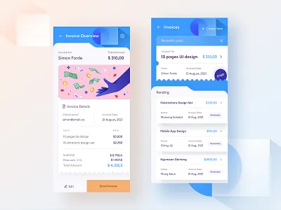 Invoicing Mobile App π app blue business card design icon illustration invoice invoicing management mobile money office orange orely pastel ticket uichart white work