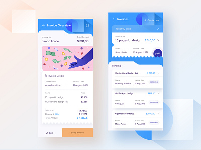 Invoicing Mobile App 📃 app blue business card design icon illustration invoice invoicing management mobile money office orange orely pastel ticket uichart white work