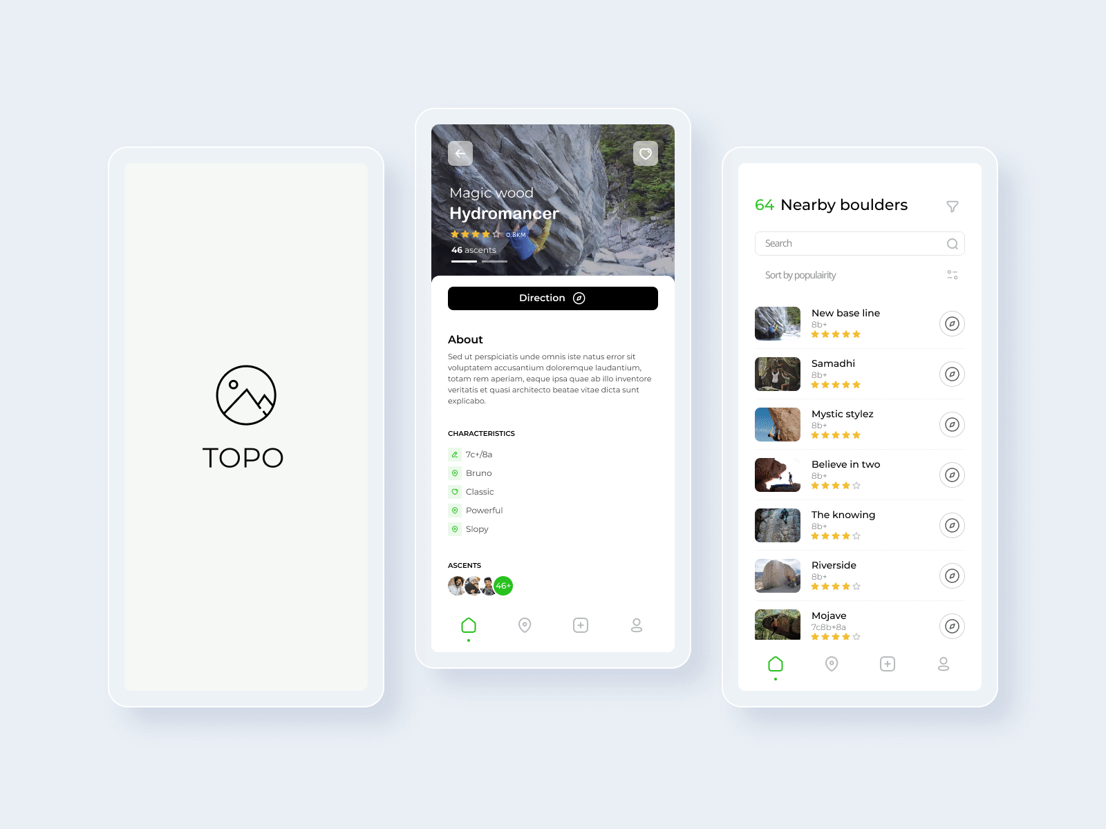 Topo Climbing / Bouldering app animation app bouldering climbing dark gps interaction interaction design light list logo minimal mobile mobile ui navigation sport ui ux
