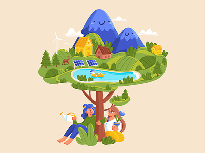 Renewable Energy Dream 2d character design energy future girl grow hug illustration love mountain nature peace plants renewable solar energy together tree trees village