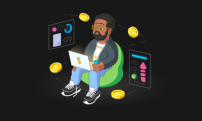 The work is booming, the coin is spinning 💰💸💪🏻😎 2021 2d 2d art advertisement character character design creativity cryptocurrency design illustration illustrator money night vector vector illustration work