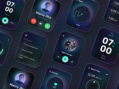 Smart Watch UI app apple watch case study clean creative dark dark theme design digital watch minimal music player smart smart watch smart watch ui ui ux watch app watch ui wearable app design wearable device