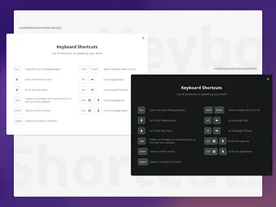 Dark Mode Exploring for Keyboard Shortcuts Modal app dark dark mode design keyboard light mode modal pop up popup product product design short cut shortcut ui web