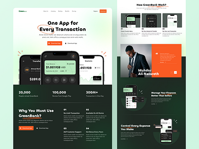 🔥Green Bank🔥 - Landing Page Mobile Banking bank card cards clean finance fintech home page landing page mobile app modern online banking product savings web design website