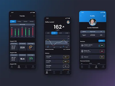 Diabetes Monitoring App app dark data diabetes health interface medical mobile product design trends ui uiux
