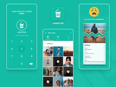 Junkster App animation branding data backup delete photo image backup image restore junkster app logo photo recovery restore data ui