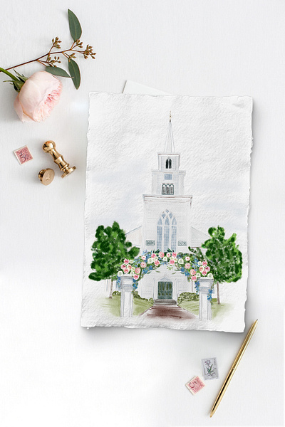 Venue church painting church painting illustration illustration art venue illustration venue painting watercolor crest wedding invitation wedding stationery