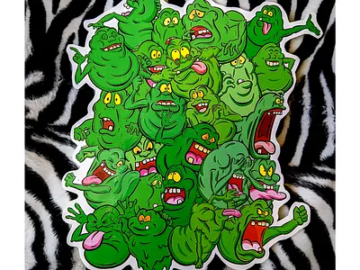 Real Ghostbusters Slimer Montage Cartoon Sticker cartoon ghostbusters green ghost illustration imaginary creature lowbrow montage real ghostbusters slimer