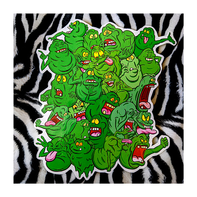 Real Ghostbusters Slimer Montage Cartoon Sticker cartoon ghostbusters green ghost illustration imaginary creature lowbrow montage real ghostbusters slimer