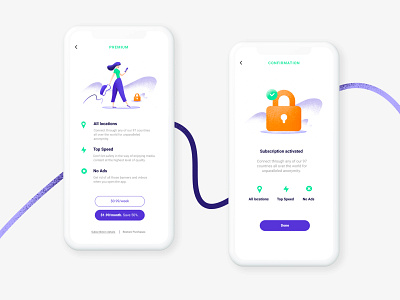 Paywall screen for VPN app benefits branding confirmation design grain grainstyle illustration location paywall paywalldesign paywallideas paywalls security ui uidesign ux uxdesign vpn vpnapp