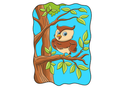 Cartoon illustration owl with cool pose perched on tree trunk mascot