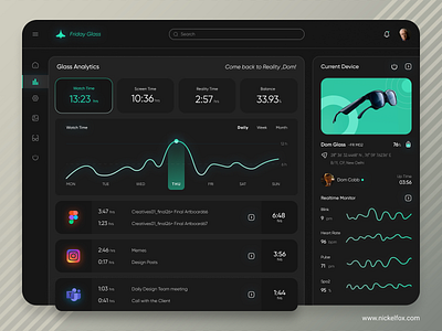 Smart Glass Analytical Dashboard UI analyticals ar vr concept dark dark theme dashboard digial wellbeing flat design futuristic glass glasses google glass management neon smart glass trending ui ux website