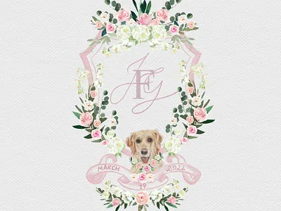 Wedding watercolor crest with puppy portrait dog portrait illustration illustration art pet portrait watercolor crest wedding crest wedding invitation wedding stationery