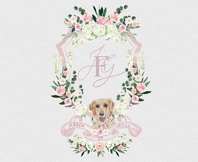 Wedding watercolor crest with puppy portrait dog portrait illustration illustration art pet portrait watercolor crest wedding crest wedding invitation wedding stationery