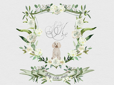 Wedding watercolor crest with pet portrait illustration illustration art watercolor crest wedding crest wedding invitation wedding stationery