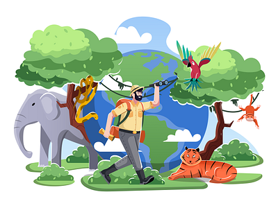 Happy World Animal Day Illustration animals day elephan elephants event illustration landscape monkey tiger tree vector world animal day zoo