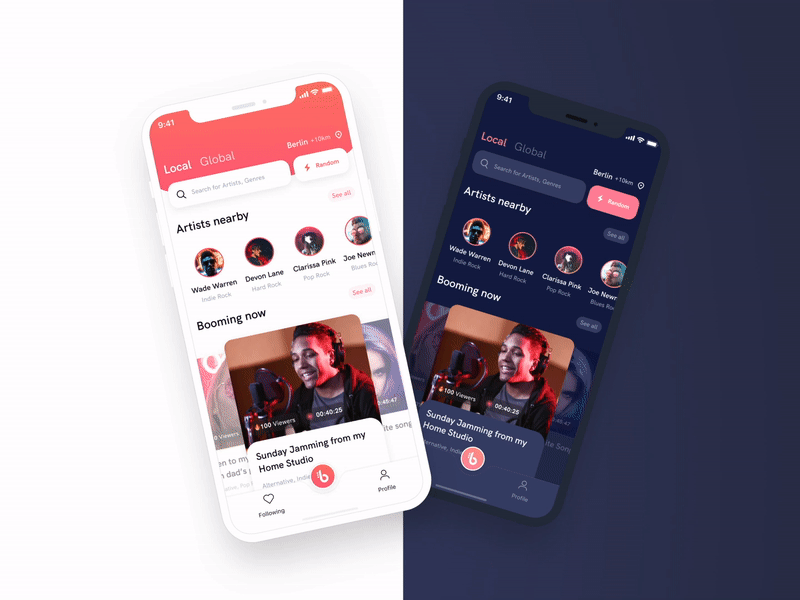 Light mode vs dark mode for music streaming app boom animation app dark mode guidelines ios light mode mobile music social streaming ui user interface ux