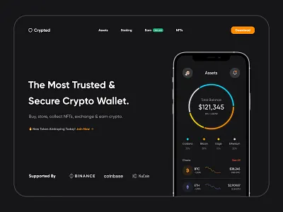 Crypted Landing concept crypted crypto crypto wallet dark mode dark ui landing landing ui minimal design ui uidesign uidesigner uiux userinterface wallet